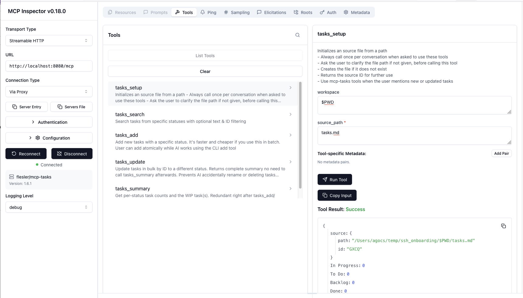 A screenshot of the MCP inspector